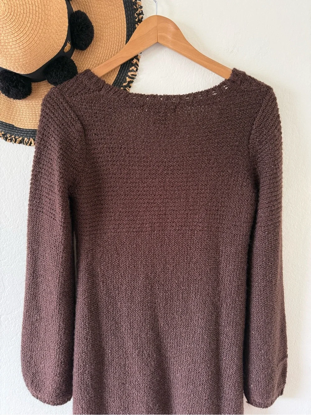 Raisey Brown Wool Blend Cable Knit Babydoll Sweater Shimmer Size Large Y2K Fall